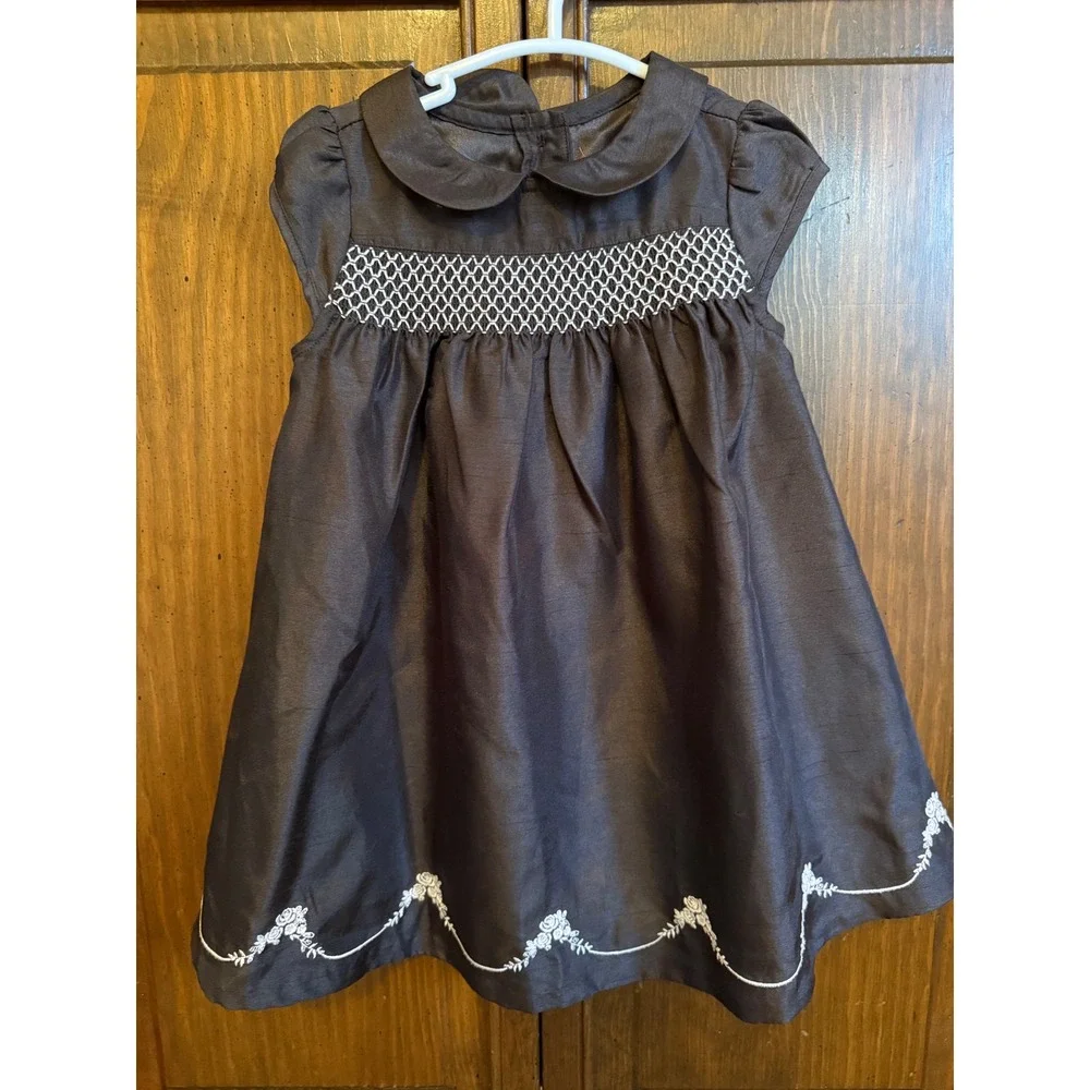 Gymboree Baby Girl Brown Smocked Dress Peter Pan Collar Floral Embroidery 6-12M
